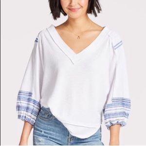 NWT FREE‎ PEOPLE EMBROIDERED SLEEVE BUBBLE TOP, S WHITE Coastal Chic Cottagecore